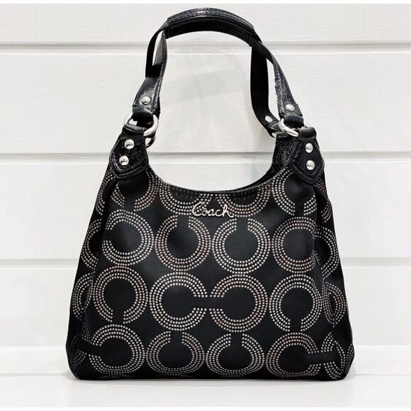 Coach Ashley Triple Compartment Dotted OP Art Hobo Tote Handbag Bag Black F21920
